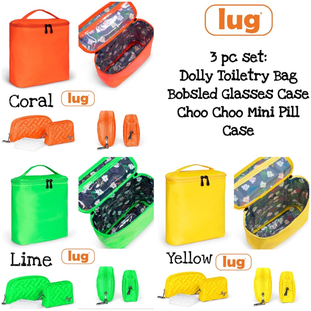 Lug 3pc Set Dolly Toiletry Bag Bobsled Glasses Case Choo Choo Mini Pill Case NWT